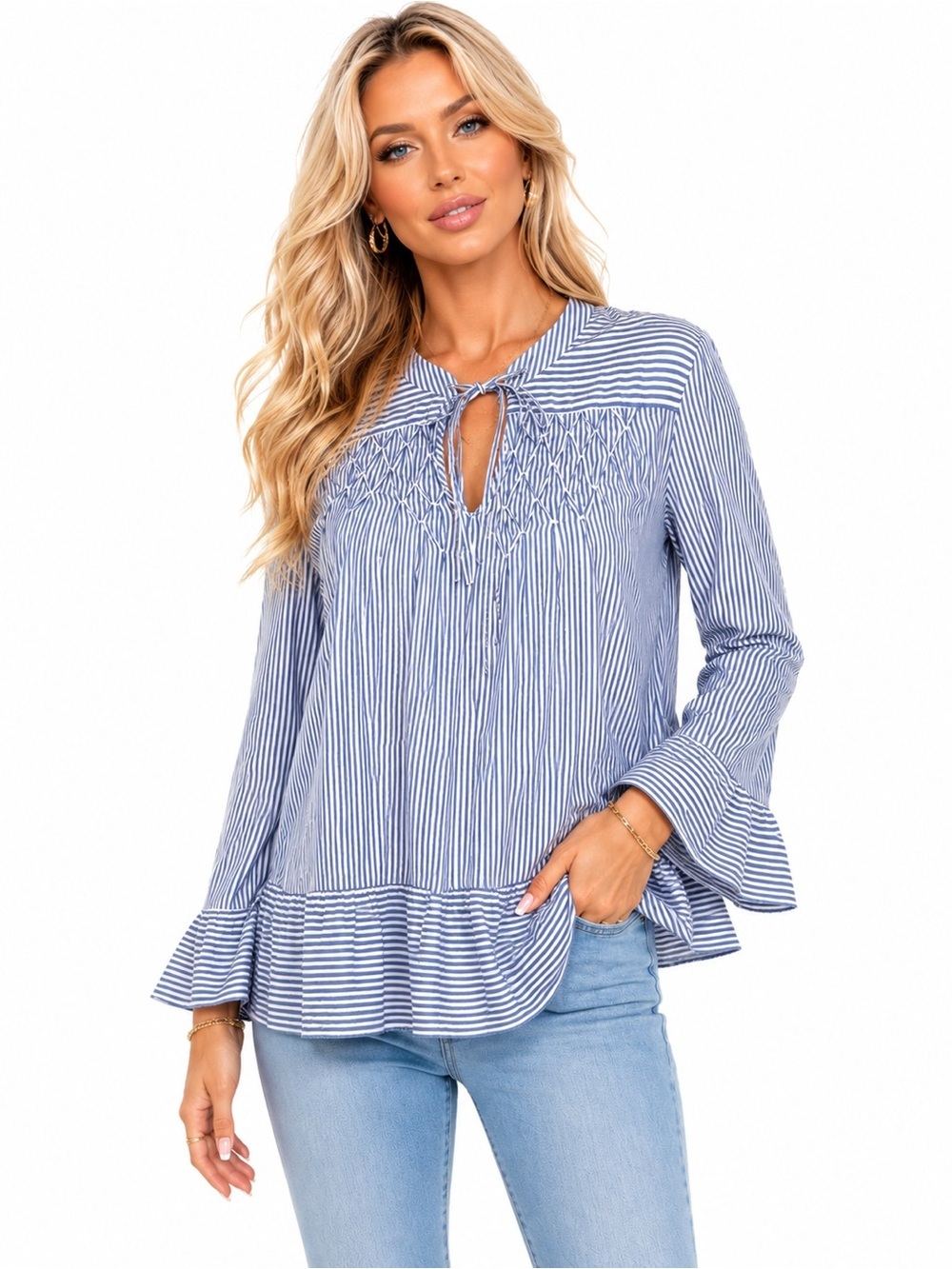 Crown & Ivy Striped Peasant Blouse Top Size Large Bell Sleeve Tie Neck